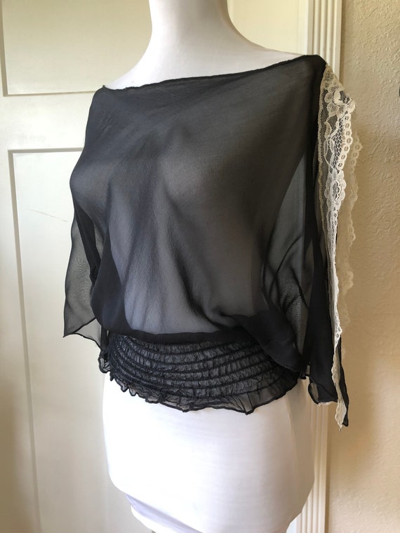 Black Sheer Silk Chiffon Boho Peasant Blouse Vint… - image 5