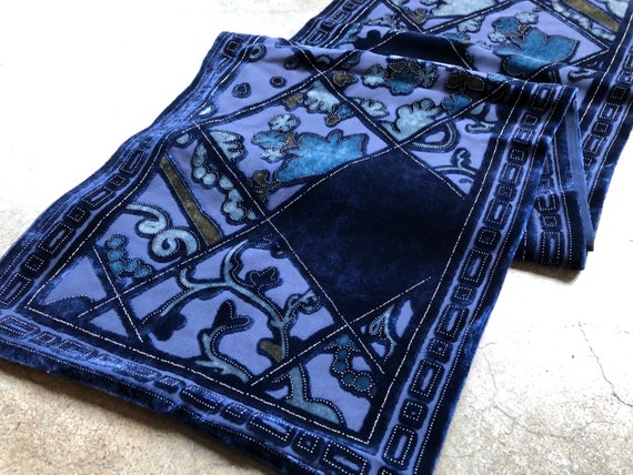 90s Dark Blue Velvet Burnout Silk Rayon Blend Semi