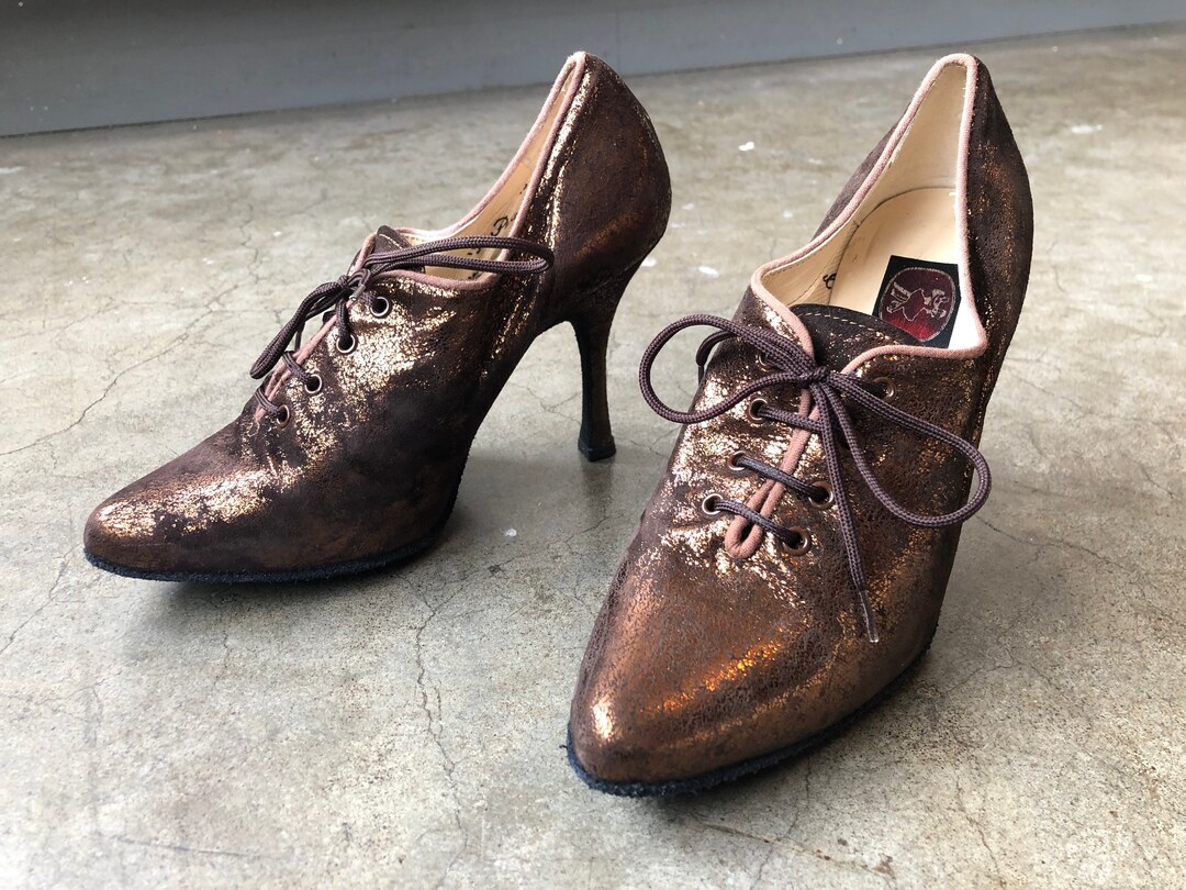 All Leather PAOUL Dark Brown Suede Bronze Metallic Pointy Toe