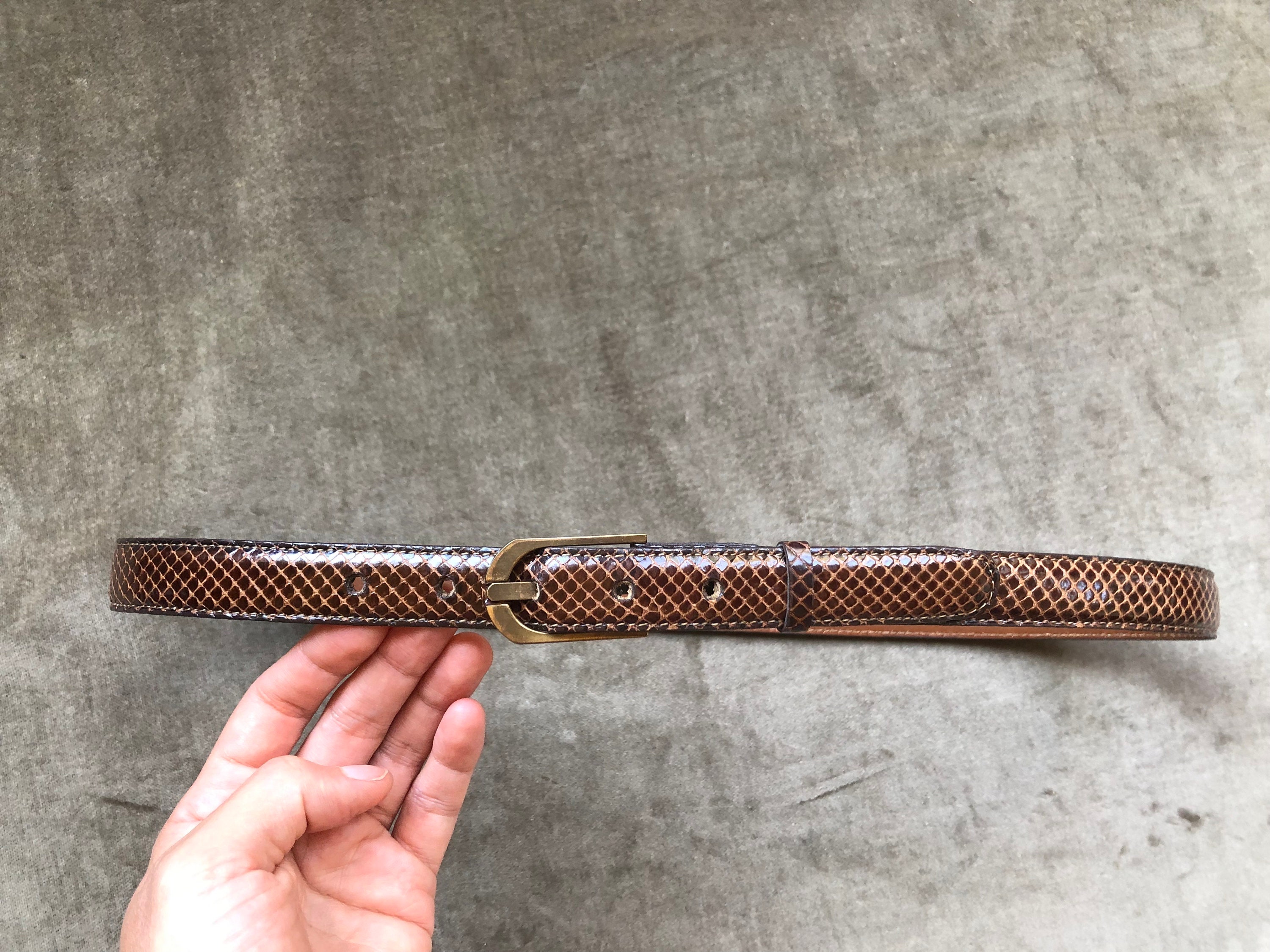 ?ACCNY Vintage Shiny gunmetal brass buckle, skinny snakeskin adjustable belt Skinny Snakeskin Shimmery Dark Brown Patent Slim Leather  main image 2