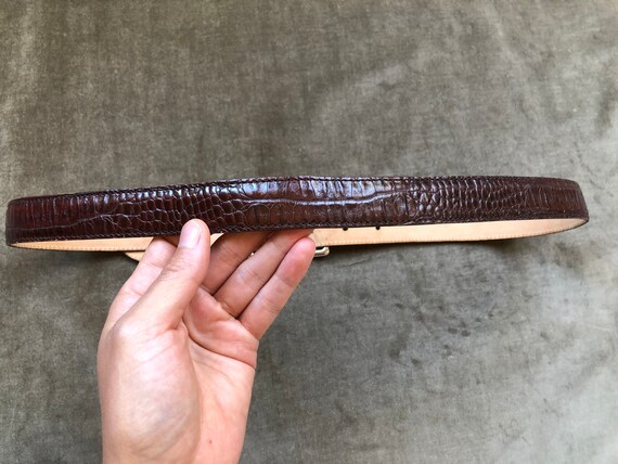 Skinny Dark Brown Croc Embossed Leather Belt 1990… - image 8