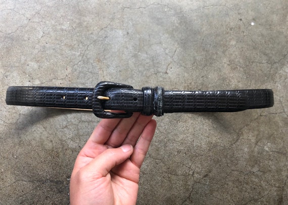 Slim Soft Thick Black Leather Belt Embossed Toole… - image 3