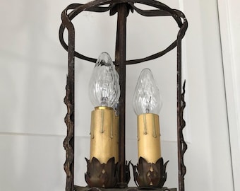 1920s Antique Spanish Revival Gothic 3 Light Candle Electric Ceiling Mount Light Fixture Hanging Chandelier Pendant Tudor Bronze Old Iron