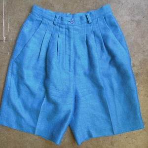 Vintage Raw Silk Woven Tropical Bright Blue Turquoise High Waisted Trouser Shorts Pants Size Small 26&quot; 27&quot; Waist 90s 80s 1980s 1990s Linen