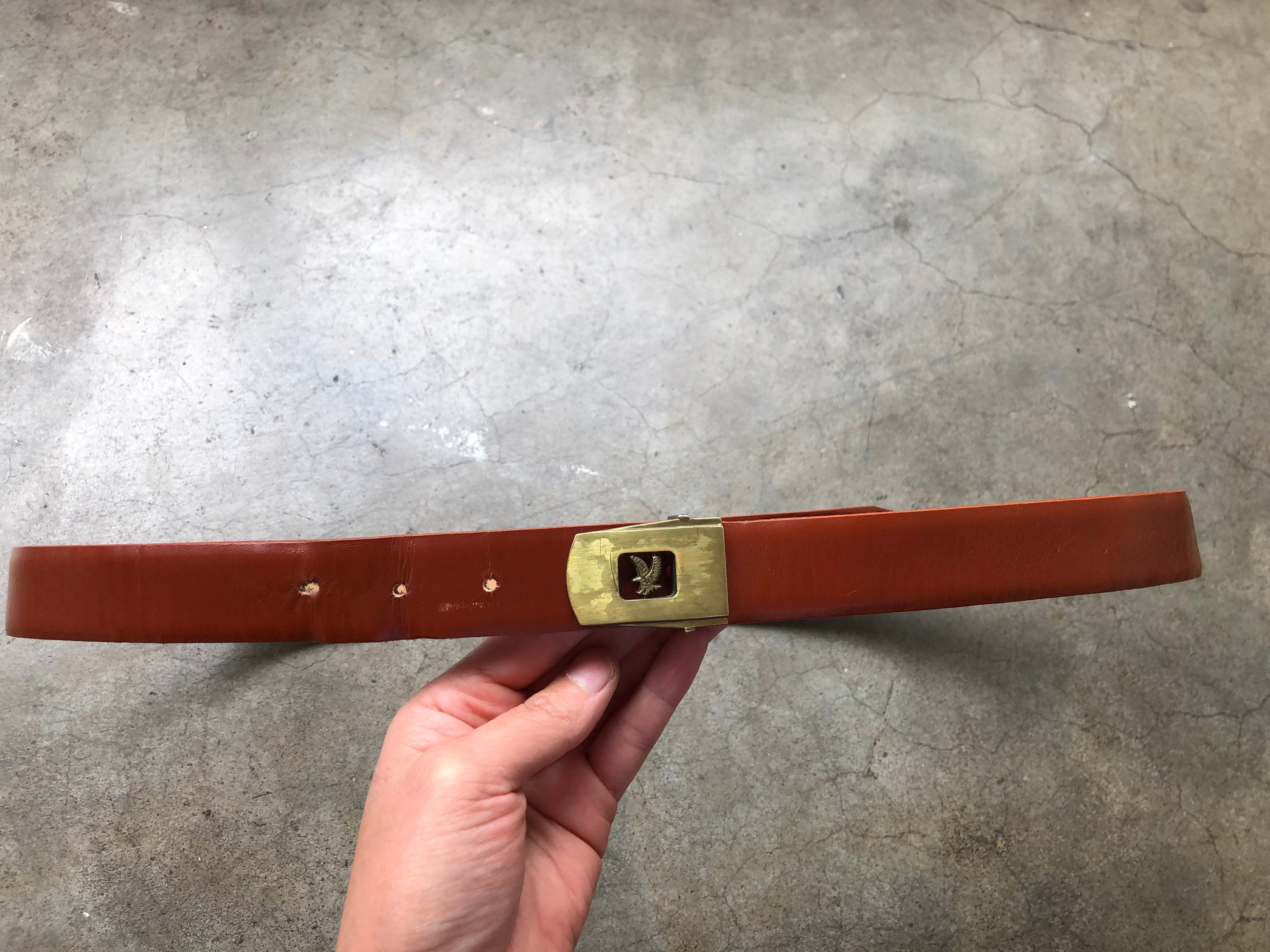 Vintage Brown Leather Belt with Solid Brass Gold Eagle Buckle 45” Vintage 70s Tooled Leather Belt With Brass Eagle Buckle  main image 2