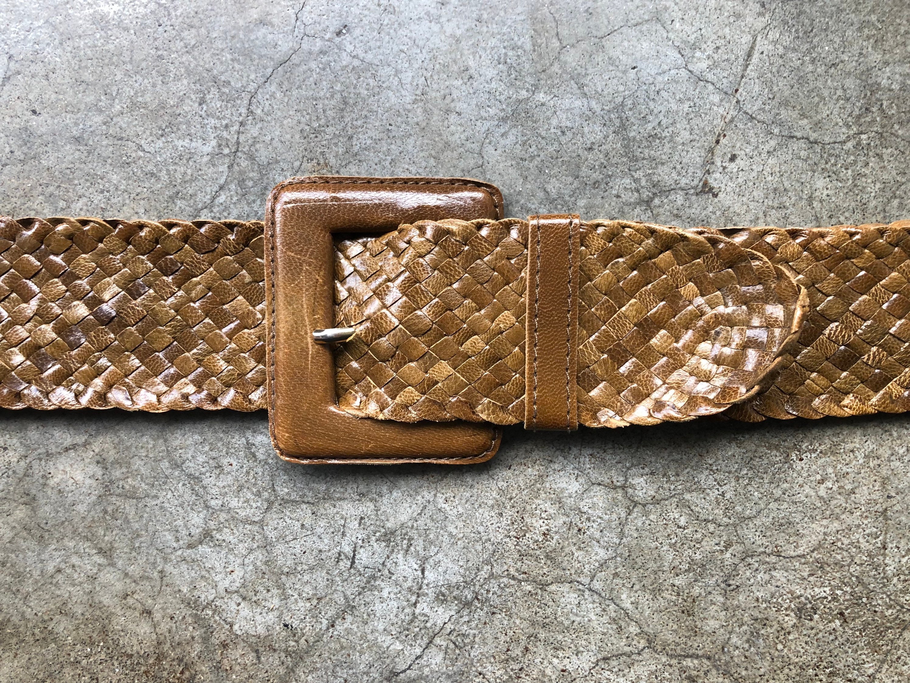 VTG 70s House Of Oppenheim Hair On Hide Statement Belt 26-29 Western Boho Original Vintage 60s 70s Boho Dark Green Plastic Tile Belt W  main image 3
