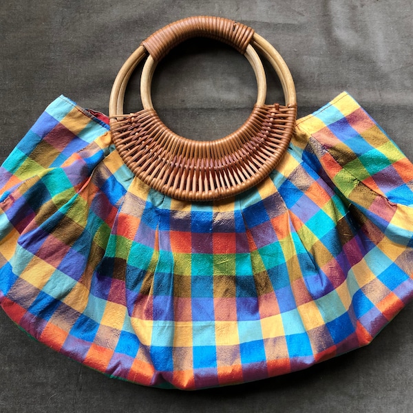 Silk Shantung Rainbow Plaid Woven Fabric Bag Handbag Tote Purse Thai 1990s 90s Vintage Colorful Shimmery Rattan Basket Boho O Ring Handles