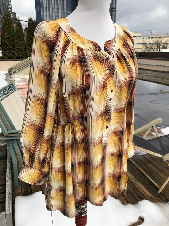 Silk Yellow Ivory Brown Plaid Print Puff Crop Sle… - image 7