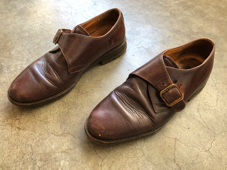 Vintage 90s Mens Barneys New York Brown Leather Monstrap Shoes Oxfords Distressed Worn 1990s Buckle Strap US Size 8.5 Round Toe Loafers