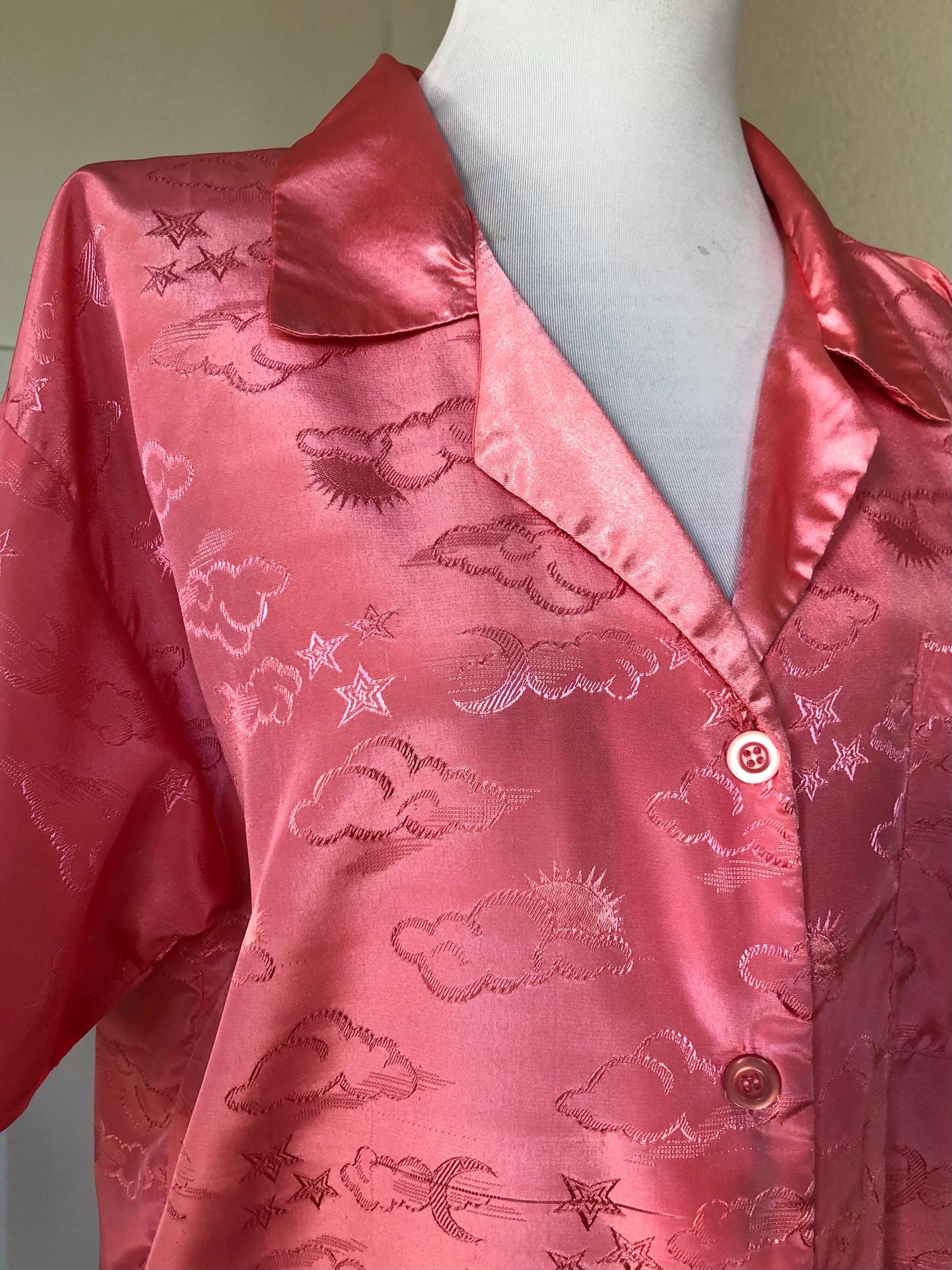 1980s Sun Moon Star Cloud Celestial Print Satin Woven Pink 1980s Sun Moon Star Cloud Celestial Print Satin Woven Pink