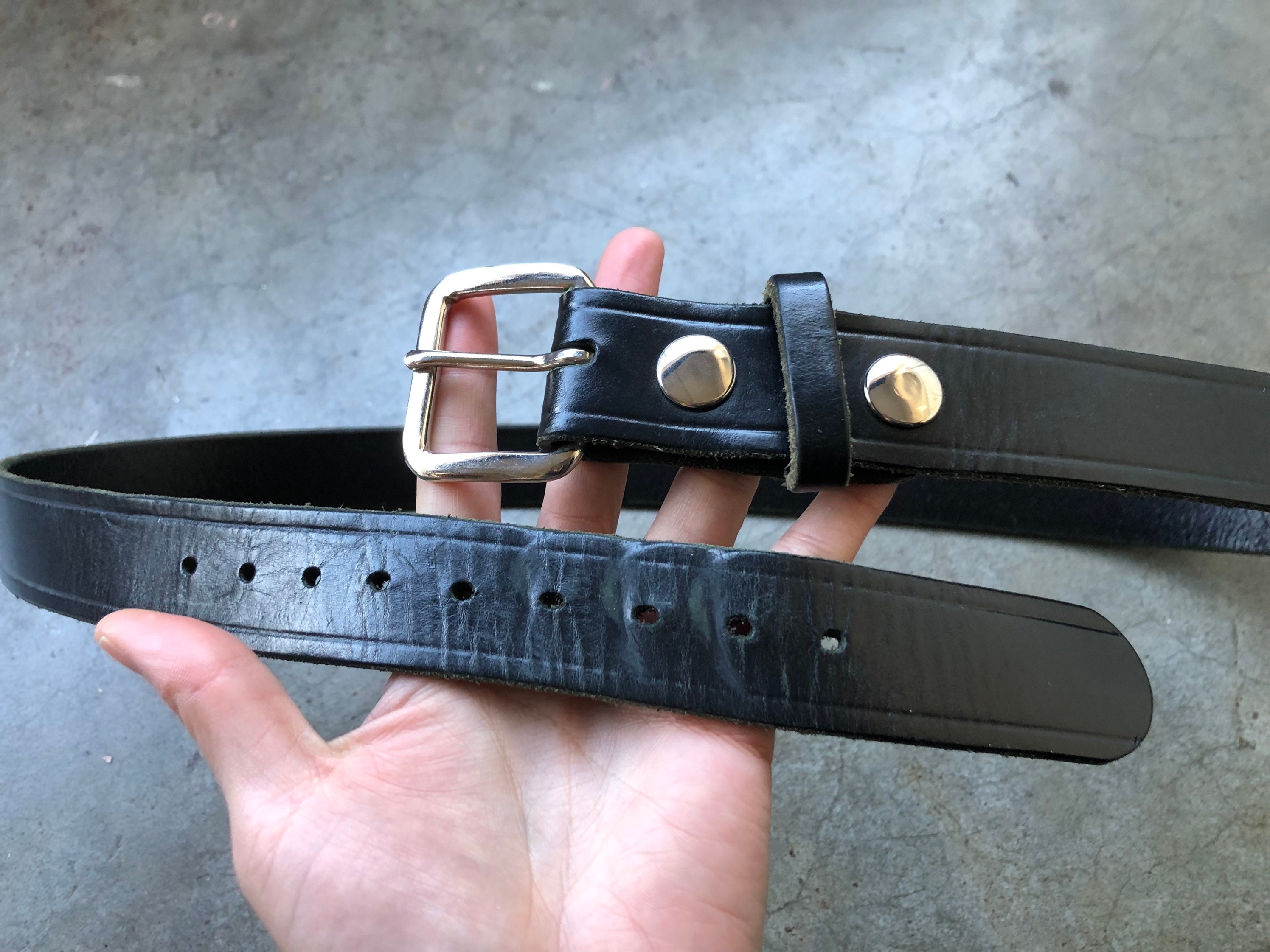 90s Thick Black Leather Work Belt Heavy Duty Wide Cowhide 