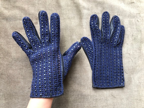 Midnight Blue Leather Woven Crochet Lacy Wrist Gl… - image 6