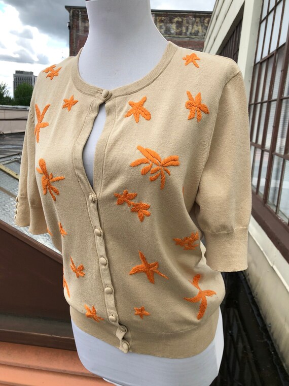 90s Starfish Silk Cotton Knit Beige Orange Embroi… - image 3