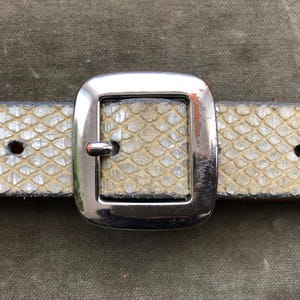 May include: Close-up of a belt with a silver buckle. The belt has a snakeskin pattern in shades of cream and silver. The buckle is rectangular and shiny. The belt has two holes visible.