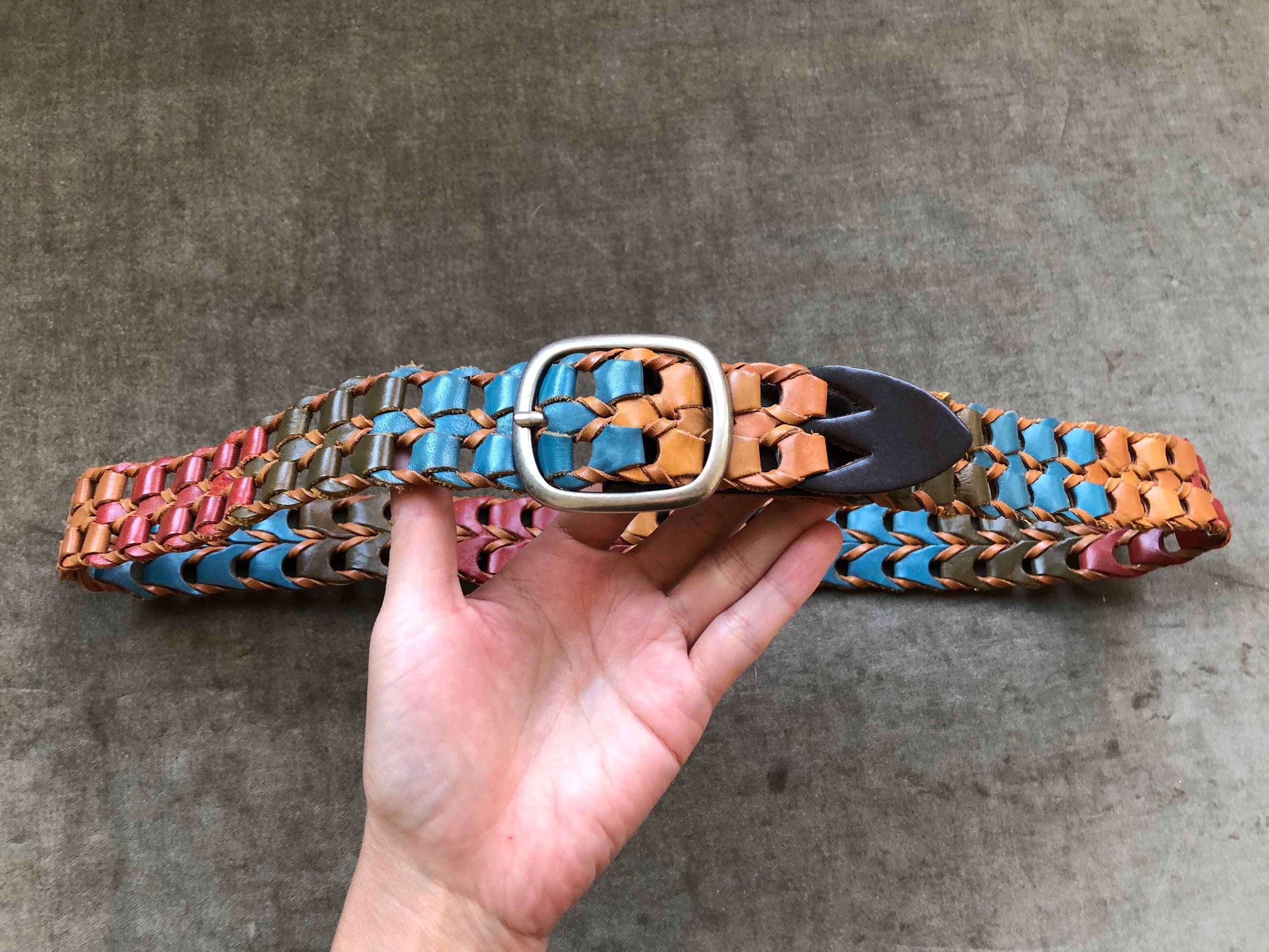 90s Y2k Boho Leather Multicolor Chain Link Woven Belt Size S 