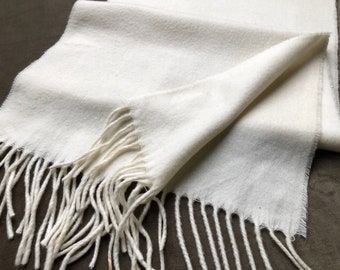 Cashmere Ivory Super Soft Fringe Neck Scarf Long Muffler Ski Scarf Plush Cozy Woven 1990s 90s 1980s 80s Shawl Cream off White Pure 100%
