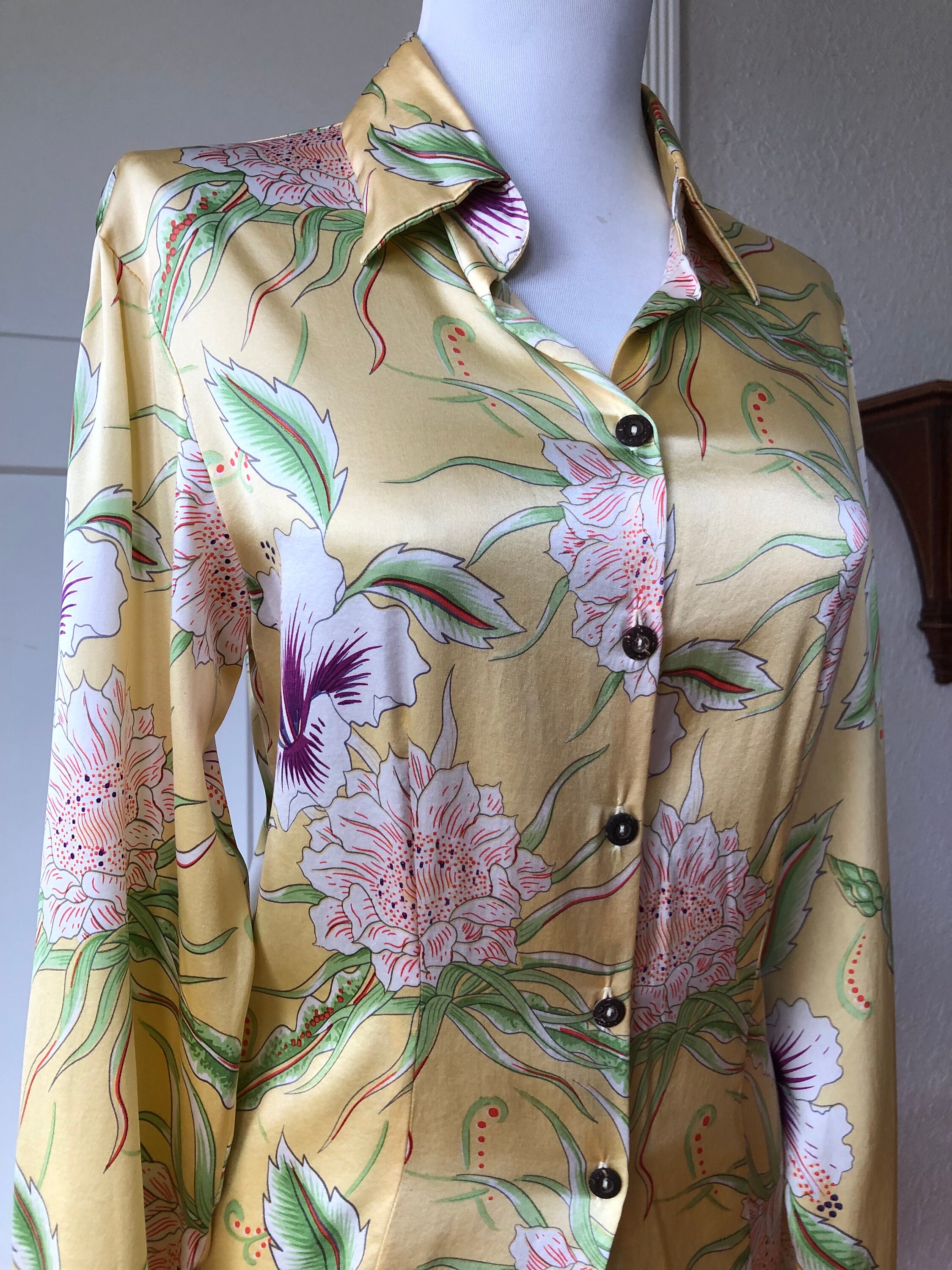 Silk Satin Hibiscus Flower Tropical Floral Print Button up