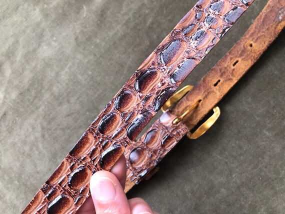 1940s 50s Tan Brown Alligator Croc Embossed Leather Belt Skinny