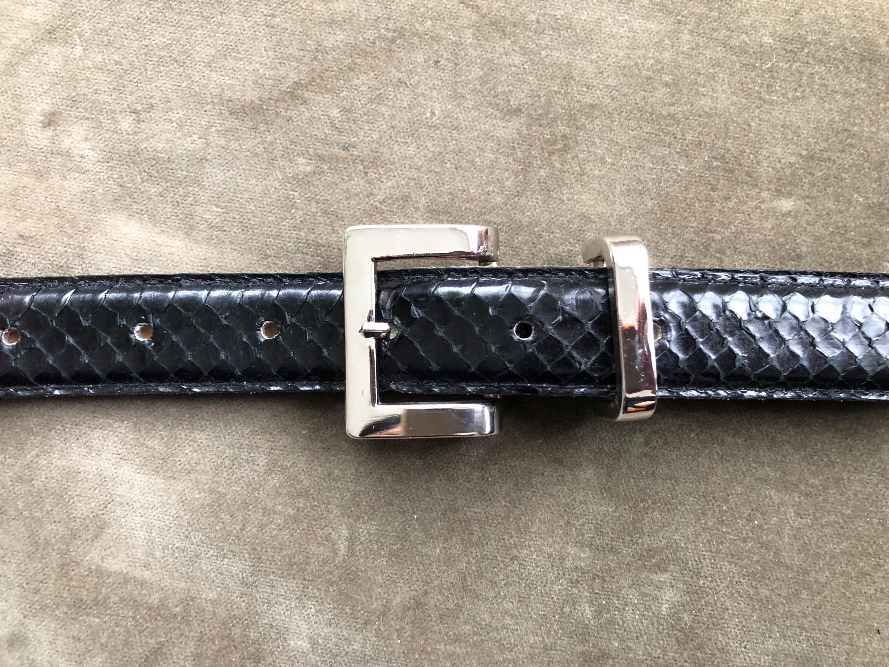 90s Black Snakeskin Leather Belt VINTAGE 80s 90s NAVY Genuine Snakeskin Leather Skinny Chic  main image 3