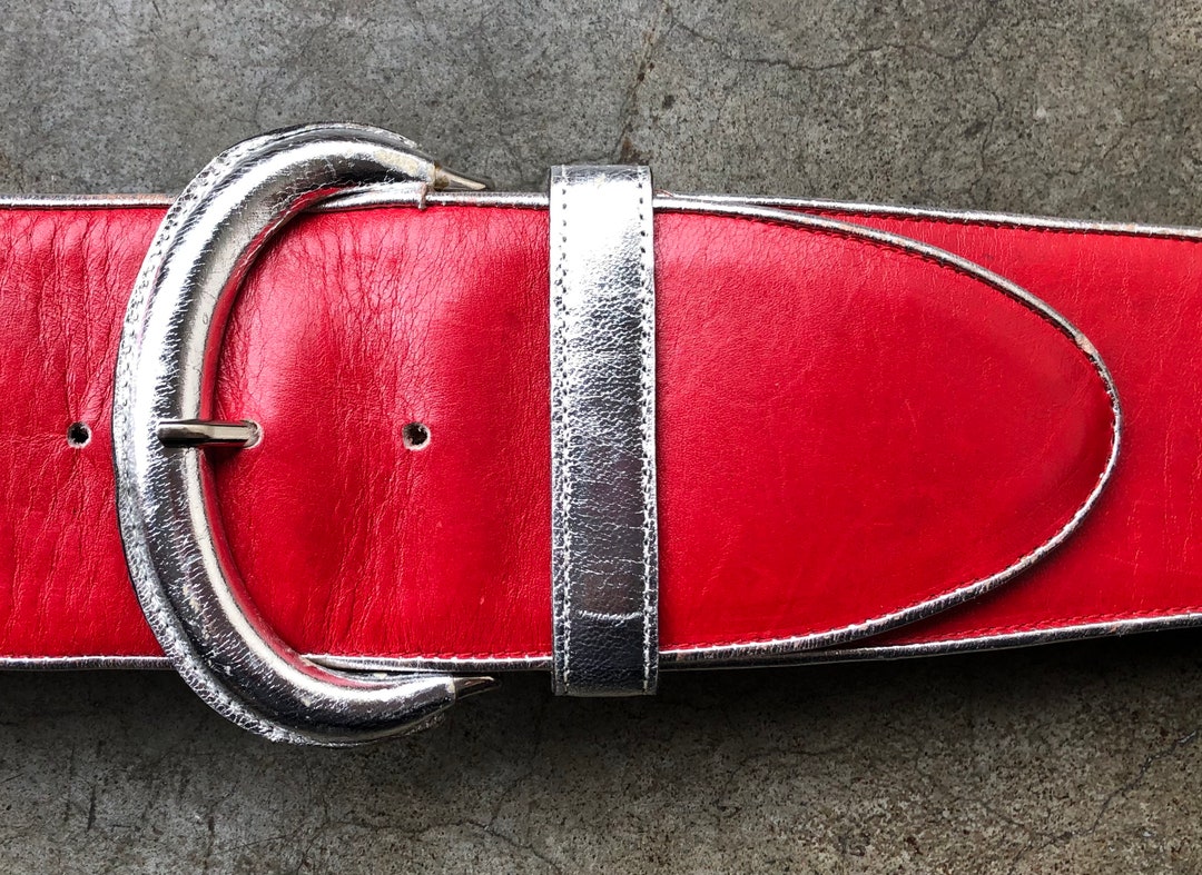 70s Rocker Belt 1970s 80s Retro Wide Red Leather Silver Piping Kidney Retro Belt 27 28 ...