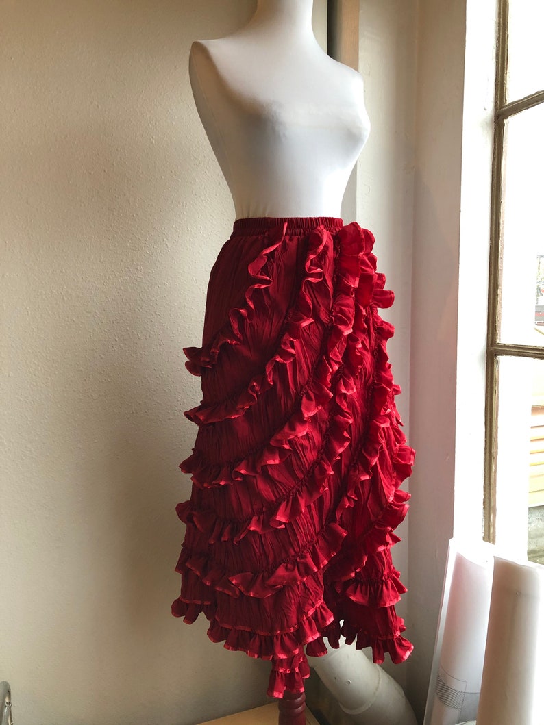 90s Dark Red Ruffled Layered Frilly Burlesque Skirt Flamenco Salsa Dance Womens Vintage 1990s Goth Steampunk Size S XS Ruffle Tango Bohemian