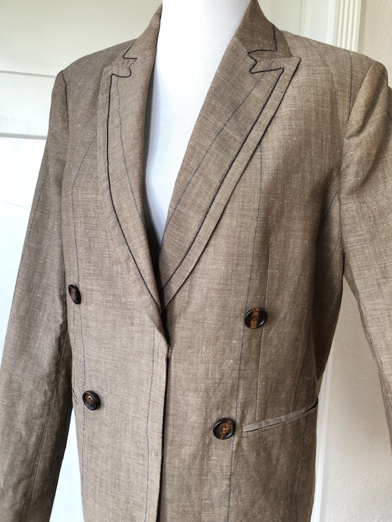 Brunello Cucinelli, NWT Brunello Cucinelli Sparkly Monili Beaded Lapel Double Breasted Linen Wool Blazer Suit Jacket IT 42 M Womens Beige Taupe Olive Stripe Top
