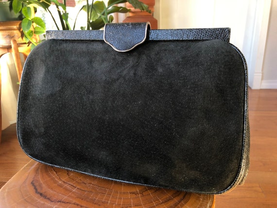 Auth FENDI 70s 80s Large Black Suede Leather Snap… - image 2