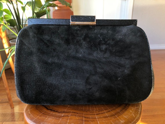 Auth FENDI 70s 80s Large Black Suede Leather Snap… - image 10