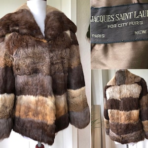 1970s Genuine Rabbit Fur Jacket Jacques Saint Laurent Paris France New York Chubby Coat 70s Vintage Retro sz S M Flared Spread Collar Brown