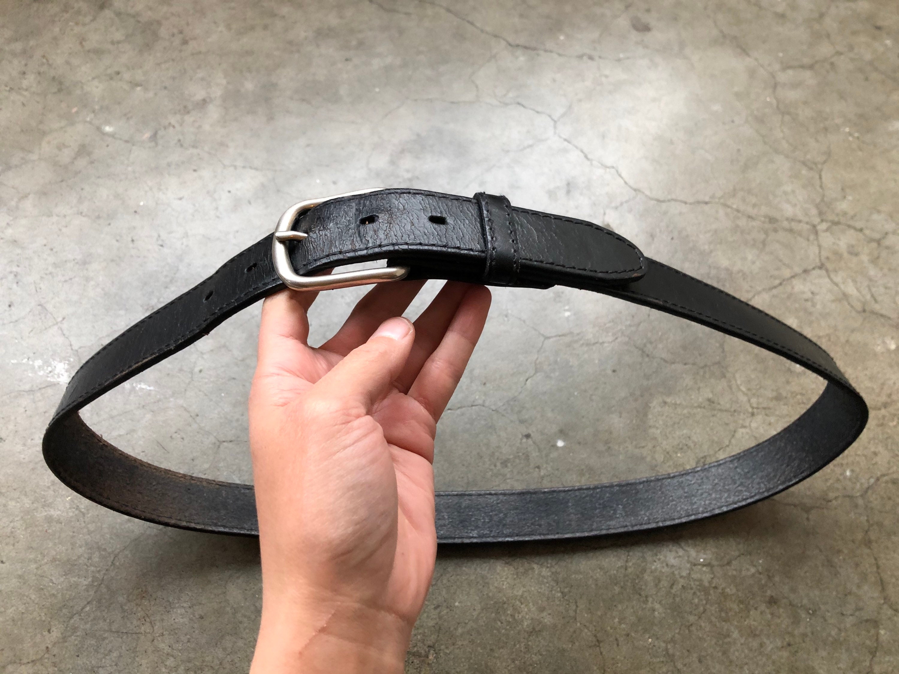 90s Rustic Heavy Black Leather Distressed Black Belt Steel