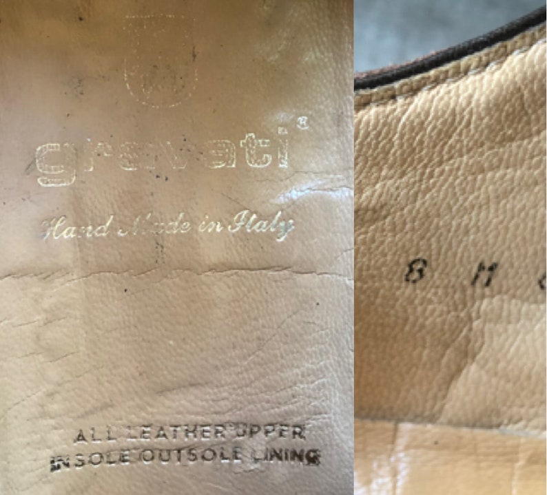 Puede incluir: Primer plano del interior de un zapato de cuero marr&oacute;n. El zapato est&aacute; etiquetado como "grevati" y "Hand Made in Italy". La plantilla, la suela y el forro son todos de cuero. La talla es 8.