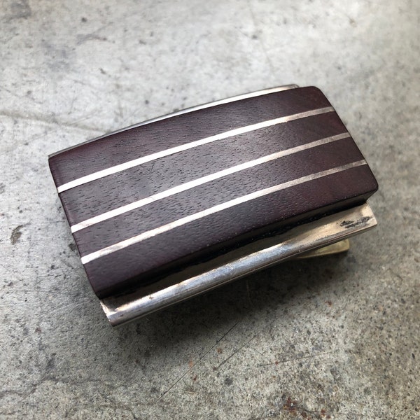 Antique TAXCO Sterling Silver Dark Wood Inlay Streamline Art Deco Minimalist Belt Buckle Rosewood Vintage Hardwood 1950s 50s MCM Modernist