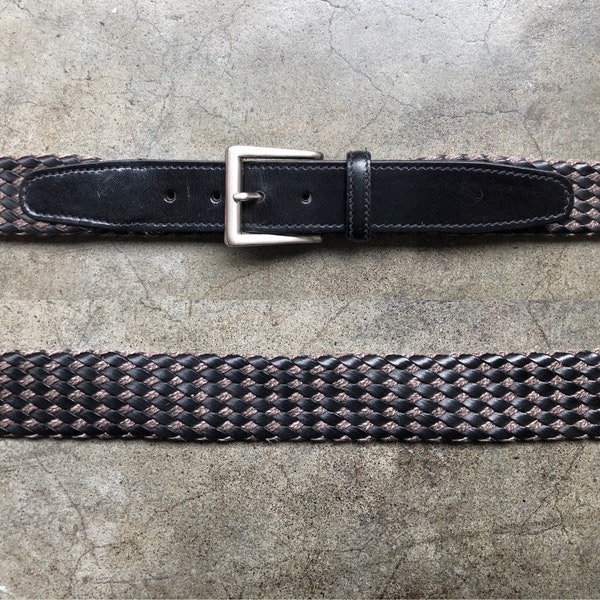 NICE Black Leather Gray Twine Check Woven Braided Surcingle Belt 1990s Vintage Size 36 M L Trafalgar Belt Mens Dress Tweed Plaid Made in USA