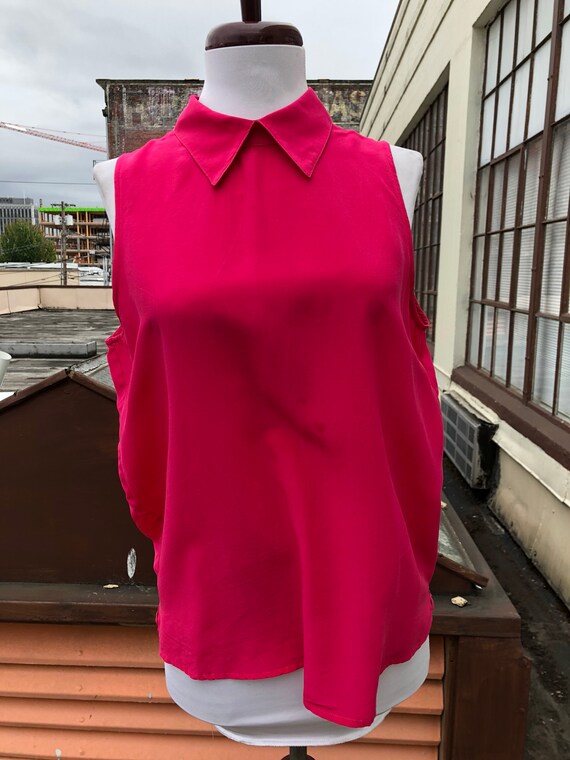 Vintage Silk 80s Hot Pink Magenta Boxy Collared T… - image 4