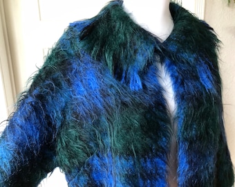 1950s 60s Fuzzy Mohair Hairy Vintage Dark Green Blue Plaid Woven Cardigan Sweater Grunge 50s 1960s Preppy Retro Shag Shaggy Cropped Jacket