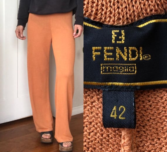 Fendi, 1990s FENDI Tan Peach Orange Light Terracotta Clay Drapey Sweater Knit Slinky Stretch Long Lounge Pants Wide Straight Leg XS S M Vintage