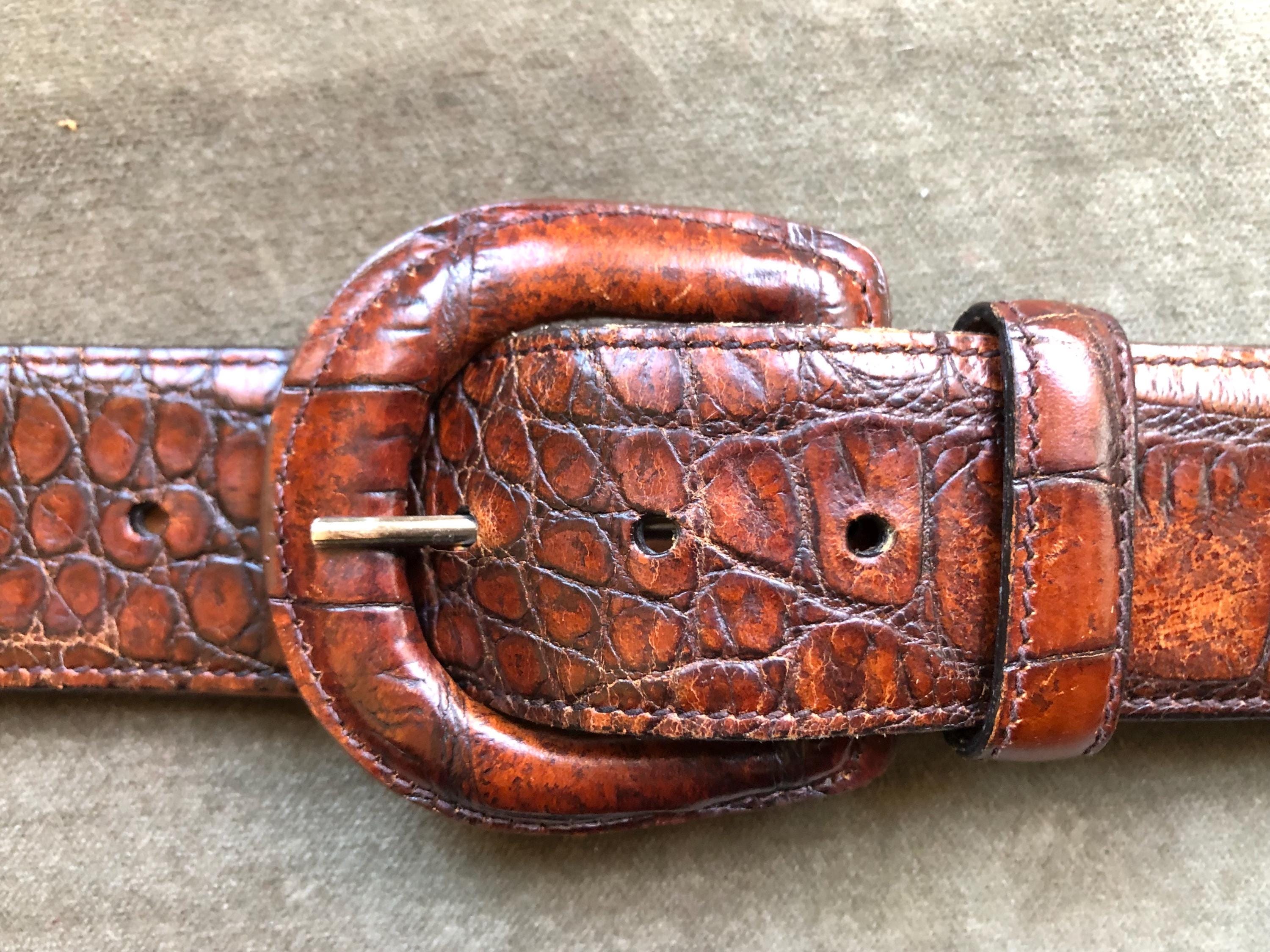 90s Y2k Wide Leather Brown Croc Embossed Fashion Belt Womens 