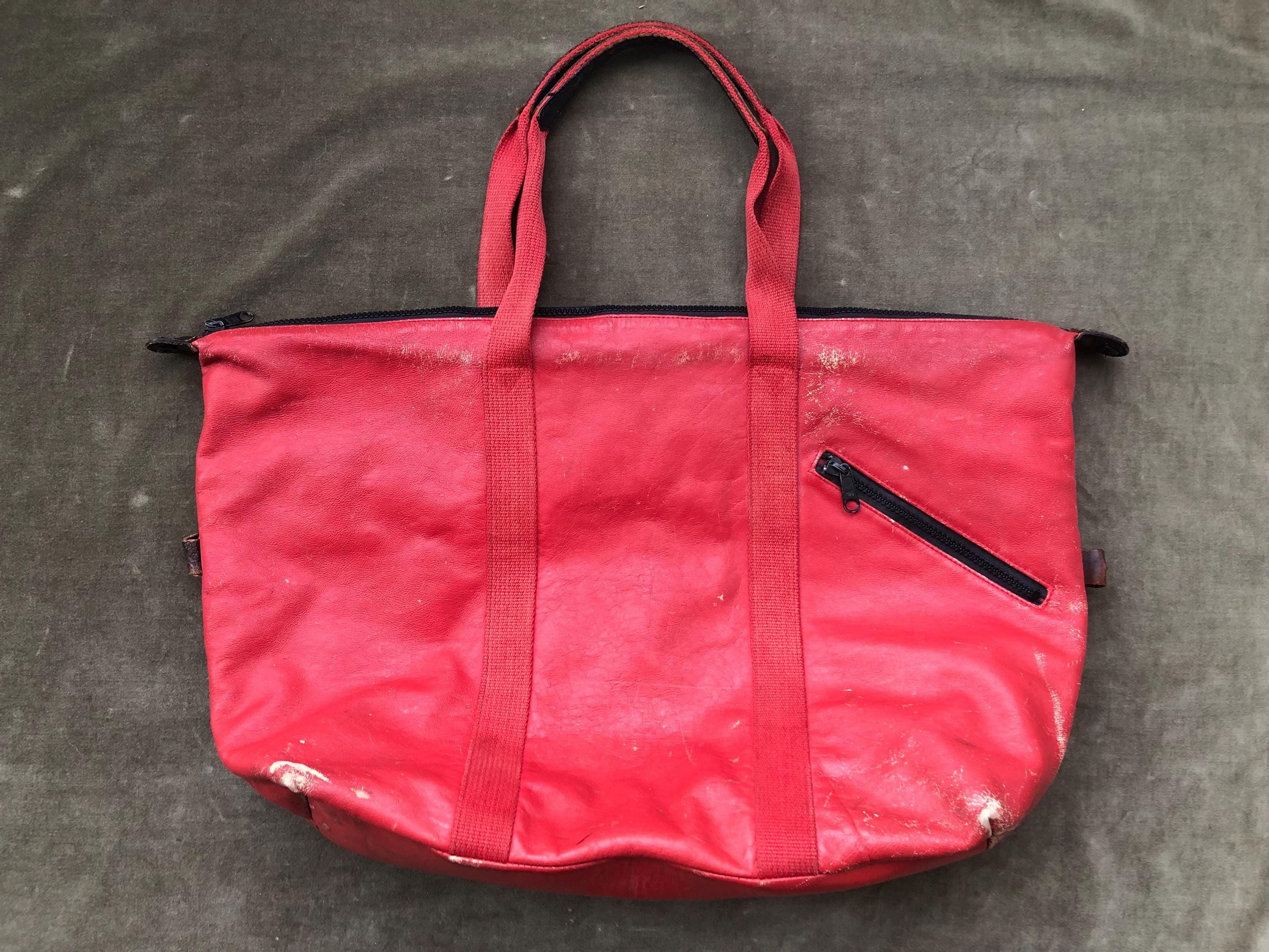 1980s Distressed Red Leather Large Tote Shoulder Purse Bag Work