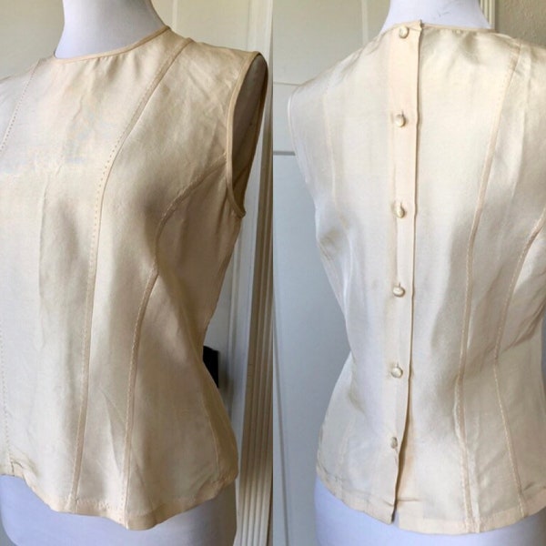 Silk Shantung Ivory Cream Fitted Sleeveless Tank Shell Top Blouse Womens 90s shirt Vintage 1990s Button Back Size S 4 Small Satin Shimmery