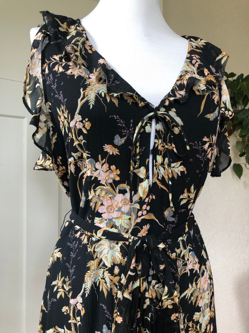 90s Silk Chiffon Crinkle Sexy Little Black Ruffled Empire Babydoll Sleeveless Dress Short Mini 1990s Vintage Sheer Boho Pastel Floral Print image 8