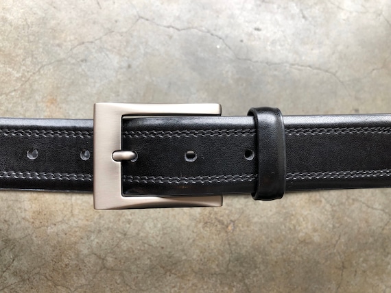 Vtg Smooth Black Leather Belt Silver Nickel Square Buckle Made