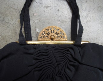 Antique 1930s 40s Black Crepe Fabric Evening Bag with Ornate Art Deco Brass Snap Smocked Round Pouch Handbag Purse Vintage 1940s 40s 30s