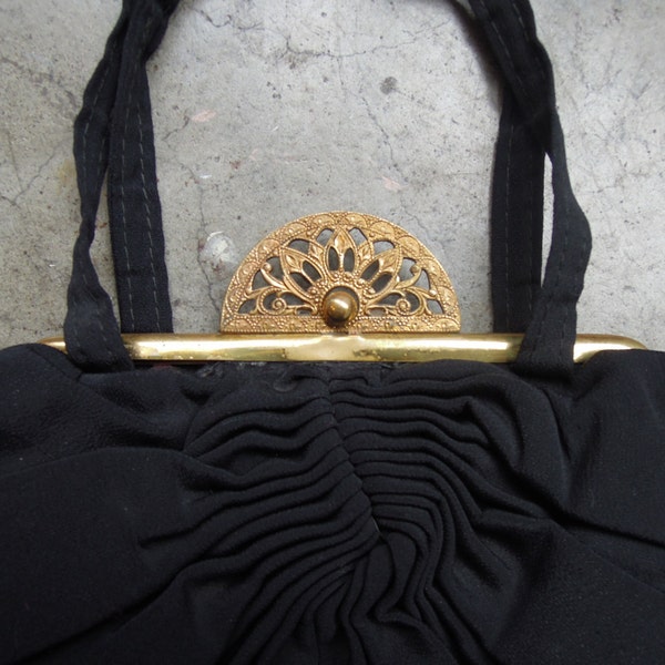 Antique 1930s 40s Black Crepe Fabric Evening Bag with Ornate Art Deco Brass Snap Smocked Round Pouch Handbag Purse Vintage 1940s 40s 30s