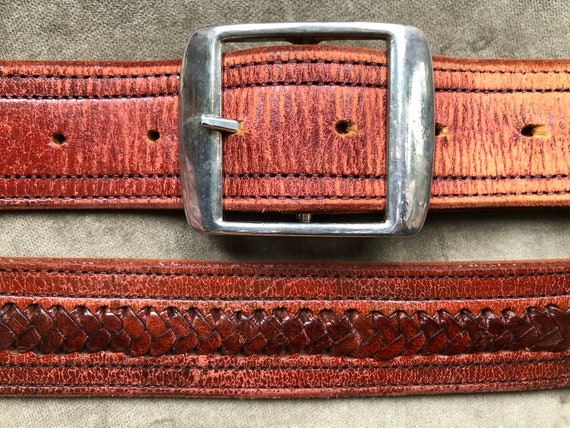 60s 70s Wide Soft Brick Rust Brown Leather Belt Retro Square Steel - Main Image