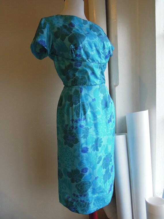 Vintage 50s 60s Silk turquoise vivid blue floral … - image 2