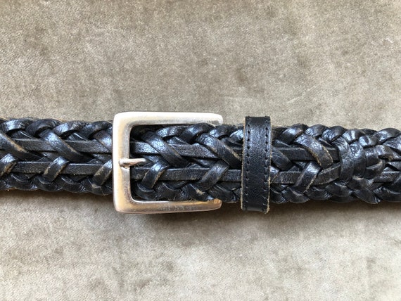 90s Black Leather Woven Belt Unisex sz M L XL 32 … - image 9