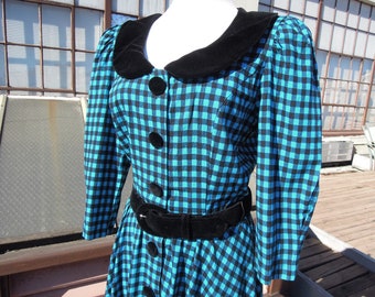 Vintage 80s Black Velvet Turquoise Blue Gingham Check Woven Fitted Flared Belted Dress Country Western sz S M 1950s 1980s Puff Sleeve Plaid