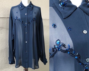Navy blue cheap sheer blouse