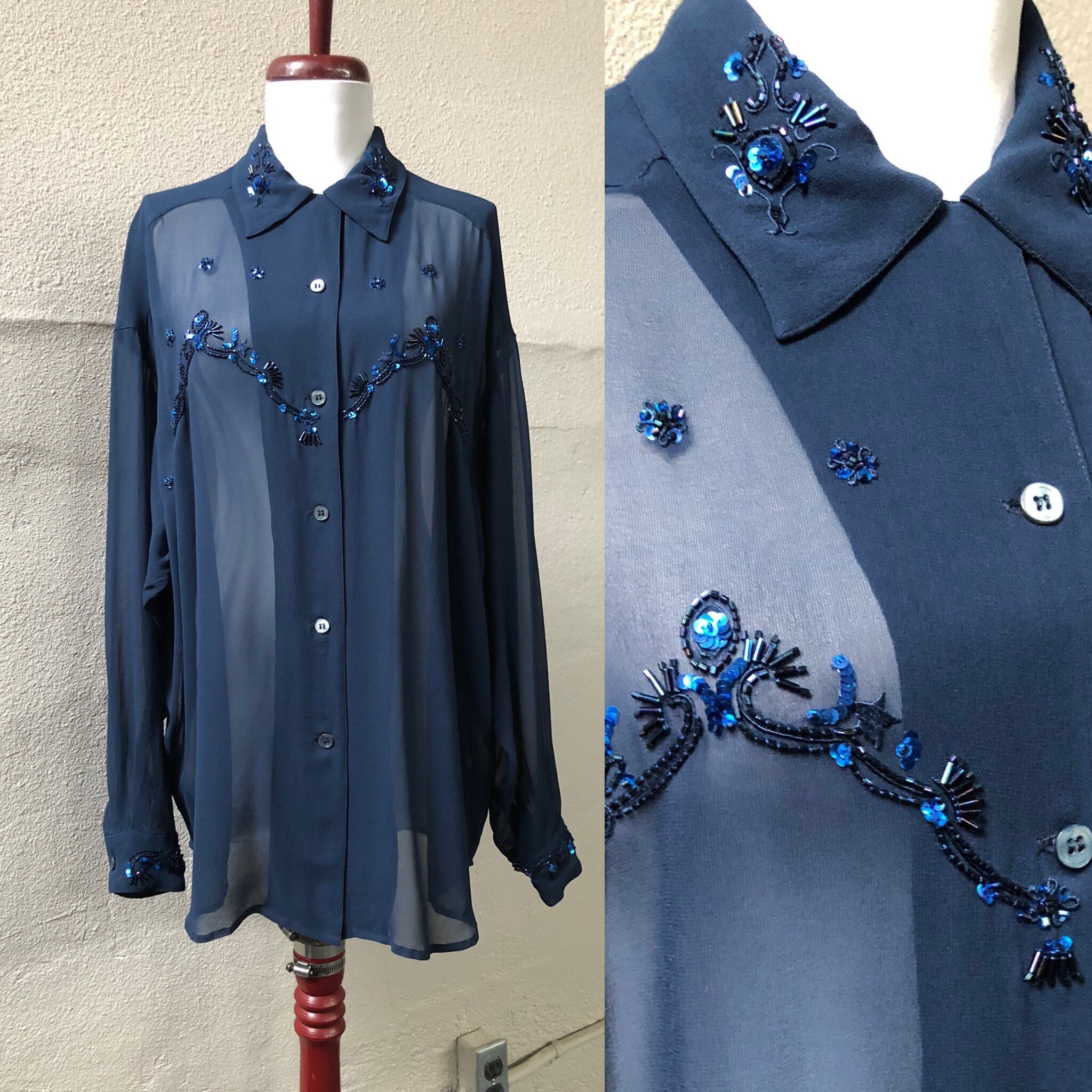 Sheer Silk Chiffon Dark Blue Beaded Sequined Western Yoke Sheer Silk Chiffon Dark Blue Beaded Sequined Western Yoke