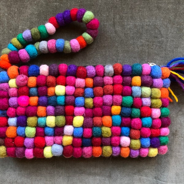 Wool Ball Bobble Woven Rainbow Colorful Bubbly Small Wristlet Clutch Zip Zipper Purse Pouch Boho Wallet 1990s 90s Vintage Bag Made in Nepal